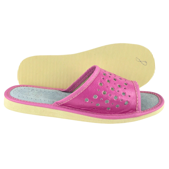 Rosa Damenschuhe, Hausschuhe aus Leder, Pantoffeln, Slipper