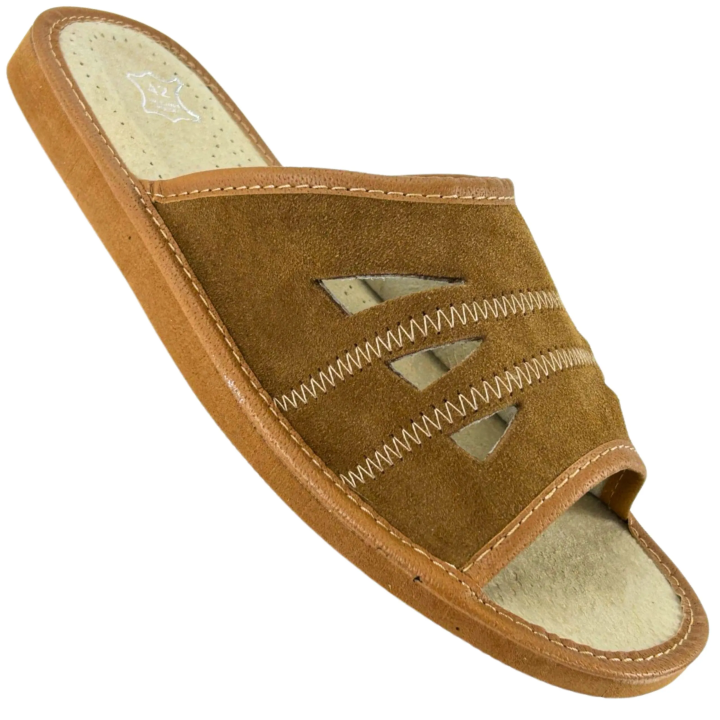 Helle braune Herren-Lederpantoffeln, bequeme Herren-Hausschuhe mit Riemen
