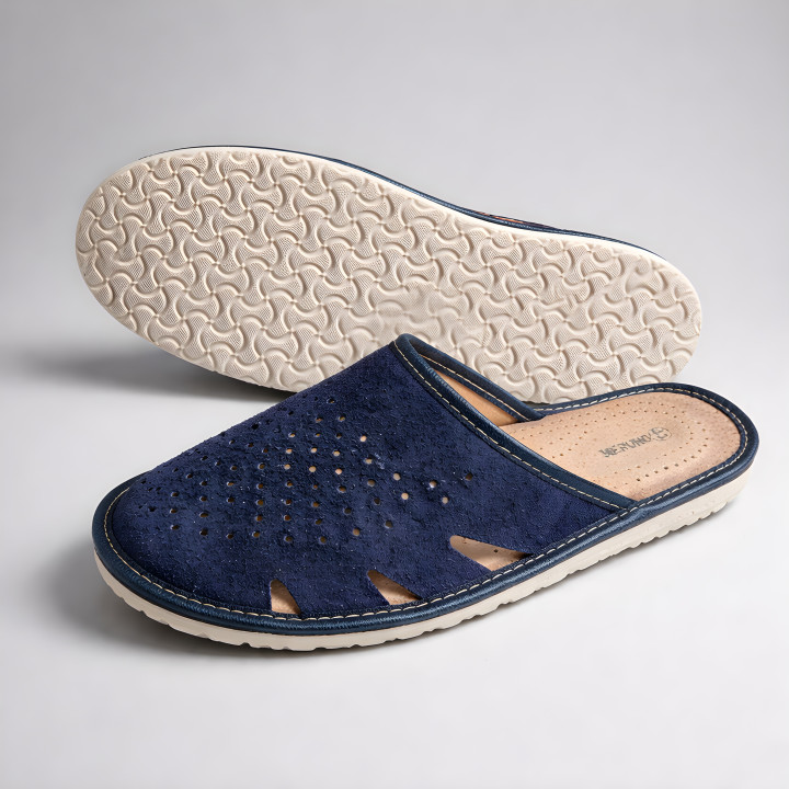 Herren-Hausschuhe aus Velours, marineblau, leicht und luftig