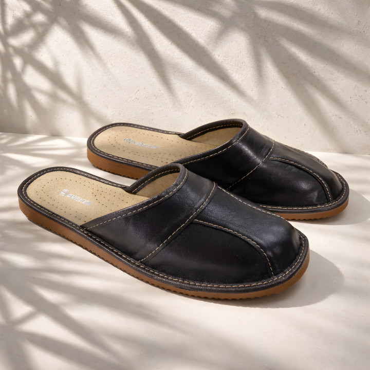 Dunkelbraune Herrenhausschuhe aus Leder, bequeme Premium-Hausschuhe