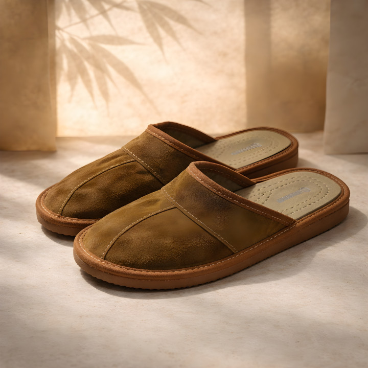 Karamellfarbene Herrenslipper aus weichem Velours – bequeme und stilvolle Hausschuhe