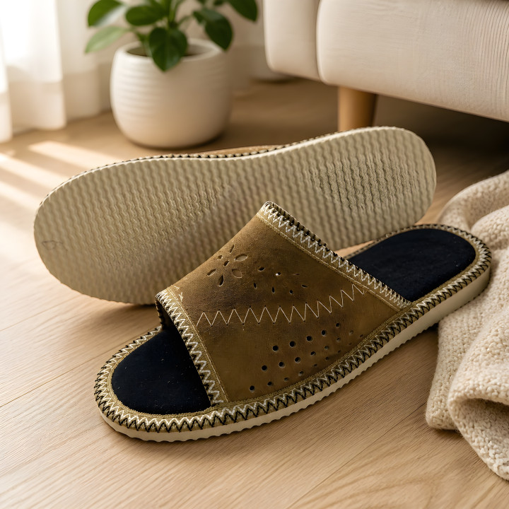 Karamellfarbene Damenslipper aus Velours, leicht und bequem