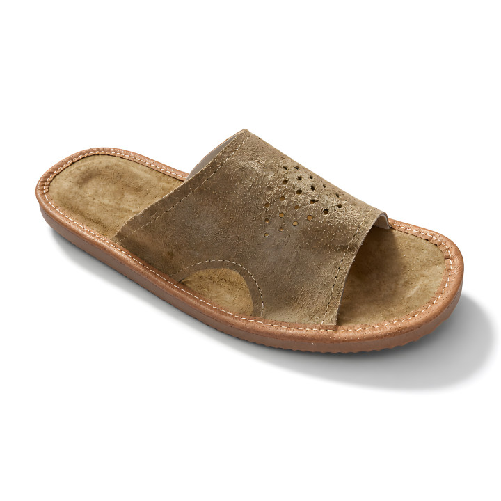 Beigefarbene Herren-Slipper aus Velours mit durchbrochenem Muster