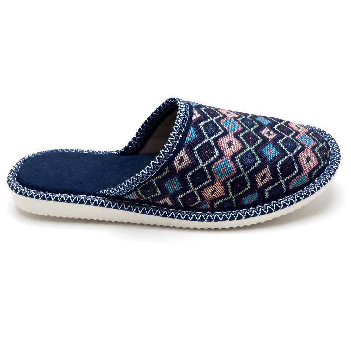 Damen-Hausschuhe in Marineblau mit buntem Muster, weiche Hausschuhe