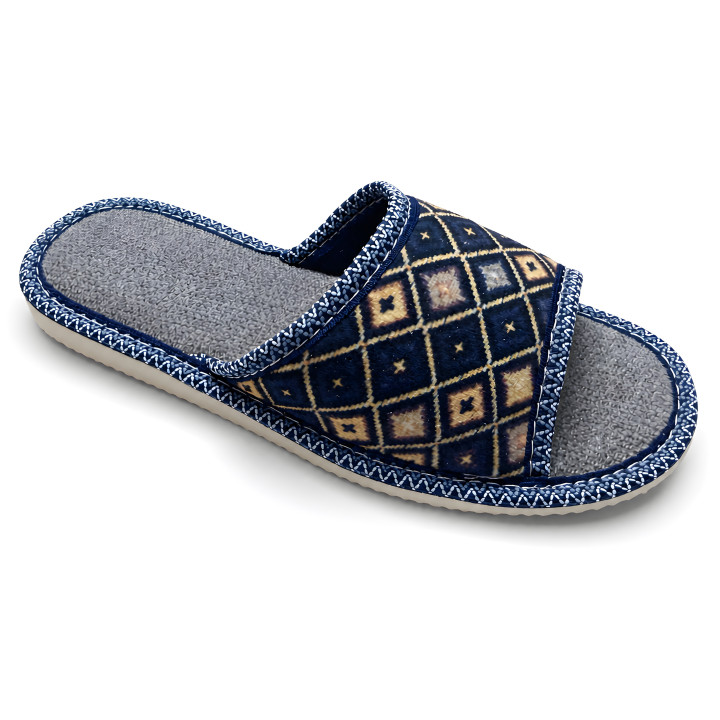 Dunkelblaue Damen-Pantoffeln mit offenem Fuß und geometrischem Muster, bequeme Hausschuhe