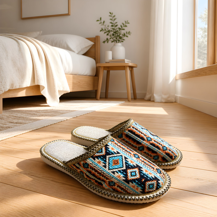 Gemusterte Damenslipper, bequeme Hausschuhe im Boho-Stil