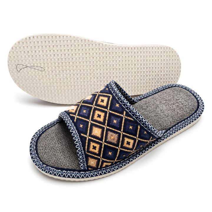 Dunkelblaue Damen-Pantoffeln mit offenem Fuß und geometrischem Muster, bequeme Hausschuhe